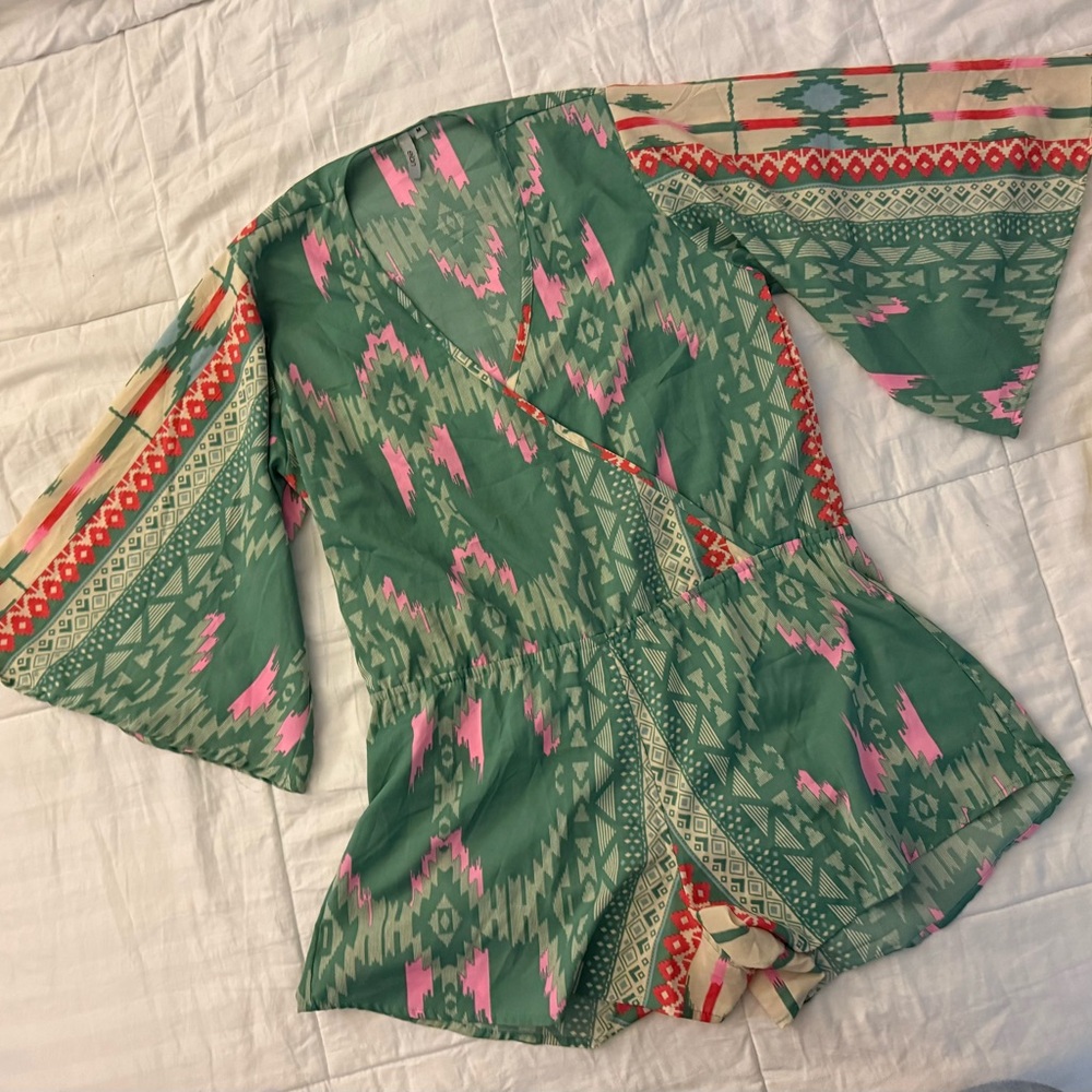 Bohemian Green and Pink Patterned Kimono Romper